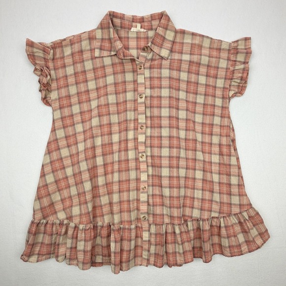 easel Tops - Easel Los Angeles Plaid Ruffle Cotton Babydoll Button Up Mini Dress Terracotta S